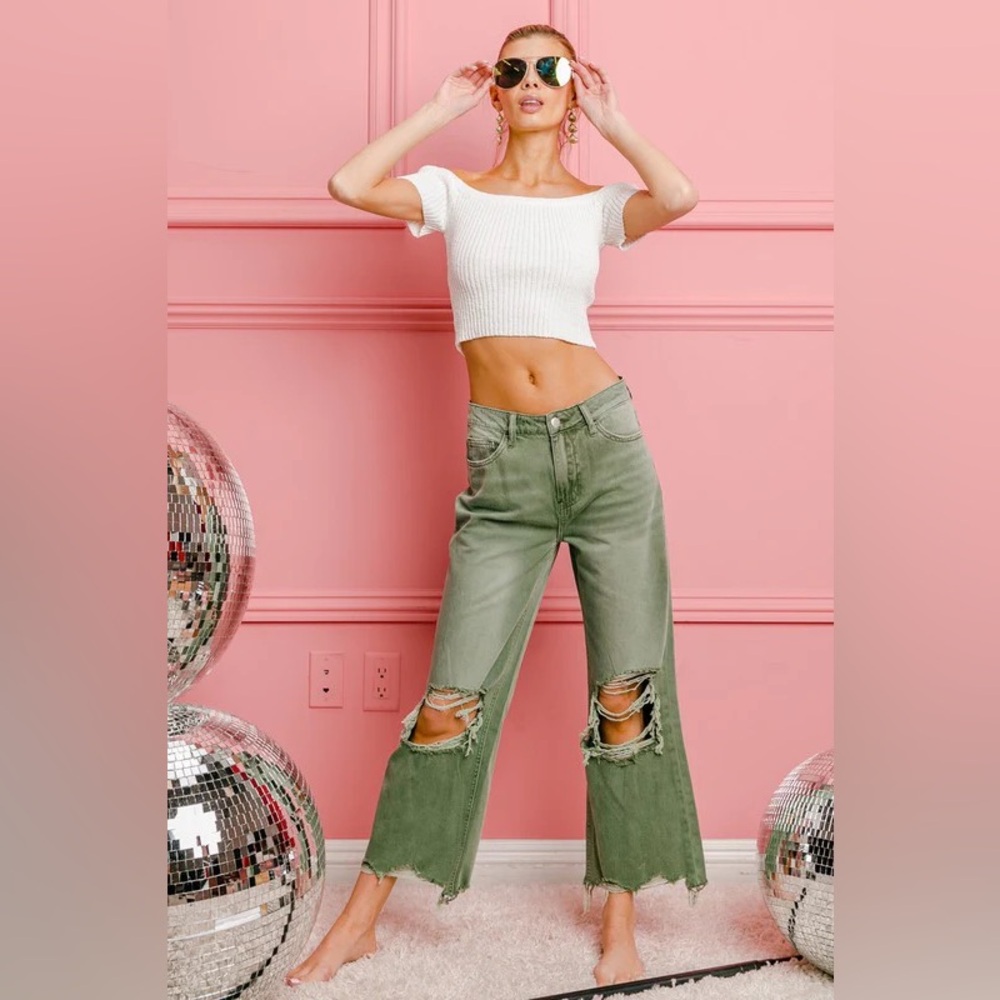 Bibi Vintage Washed Destroyed Chewed Raw Hem Wide Leg Pants